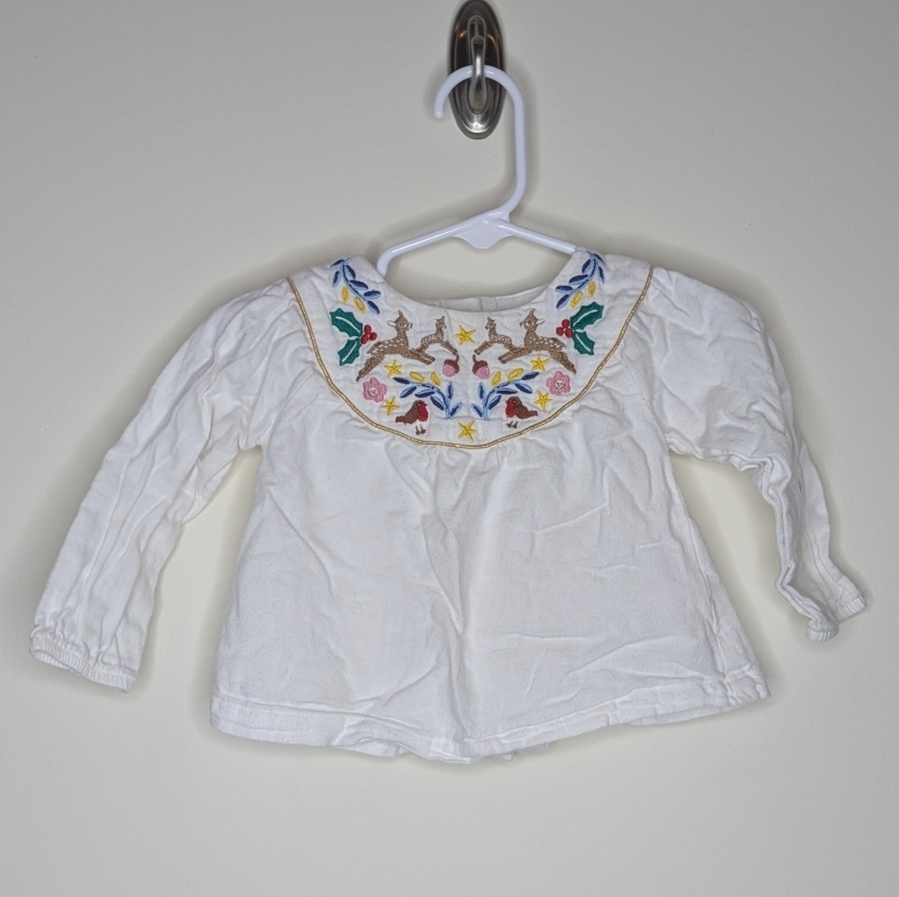 Baby Boden Deer Bird Embroidered Shirt 6-9m